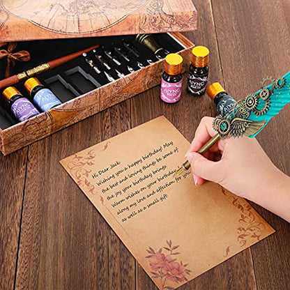 Feather Calligraphy Pen Ink Set, Mechanical Feather Pen and Wooden Dip Pen, 5 Colors of Ink, 12 Replacement Nibs, Pen Holder, Envelope and Letter Paper (Green) - color: Green