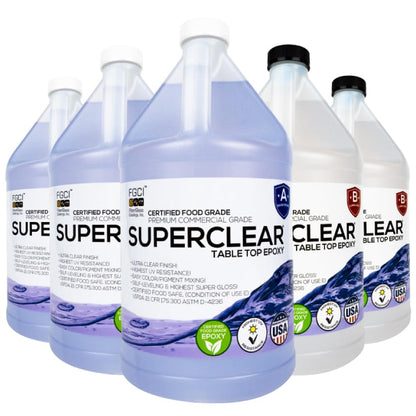 Superclear Table Top Epoxy Resin 10 Gallon Mega Kit, Crystal Clear 1:1 | Self-leveling coating for bar tops, countertops, tumblers & wood. Anti-yellowing, UV resistant, food-safe, Made in USA - size: 10 Gallon Mega Pack Epoxy Resin Kit