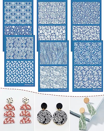 Puocaon Botanical Clay Silk Screen - 6 Pcs Plant Reusable Silk Screen Stencils for Polymer Clay Jewelry Making, Polymer Clay Tools Stencils
