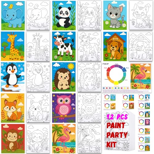12Pcs Pre Drawn Canvas Boards for Painting Set 8x10 Animal Sip and Painting Kit for Family & Friends Kids Beginner Canvas Art Supplies for Parent-Child Bonding, Party Favors & Creative Fun - style: Cute Animal