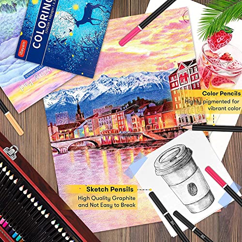 iBayam Art Supplies, 150-Pack Deluxe Wooden Art Set Crafts Drawing Painting Kit with 1 Coloring Book, 2 Sketch Pads, Creative Gift Box for Adults Artist Beginners Kids Girls Boys - color: Natural