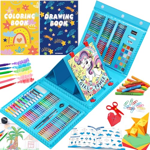 All in One Art Supplies, Art Kit Includes Origami & Paper-Cutting Crafts, Easel, Colored Pencils, Crayons, Drawing Book, Coloring Book, Watercolor Markers and More, Art Set for Kids Girls Boys, Blue - color: Blue