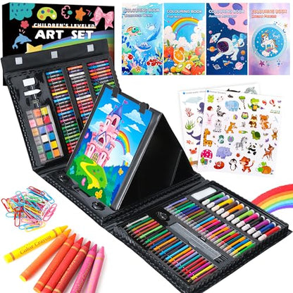Art Supplies 332 Piece Drawing Art Kit Gifts for Girls Boys Kids Teens Gifts Art Set Case with Double Sided Trifold Easel, Stickers, Sketch Paper, Coloring Book, Pastels, Crayons, Pencils (Black) - color: Black