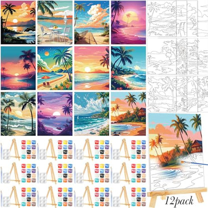 Zhanmai 72 Pcs 12 Sets Sip and Paint Kit Pre Drawn Canvas for Painting 8" x 10" Paint Party Canvas Painting Pre Printed Canvases for Party Favor DIY Virtual Adult's Date Night(Hawaii Landscape) - style: Beach Scenery