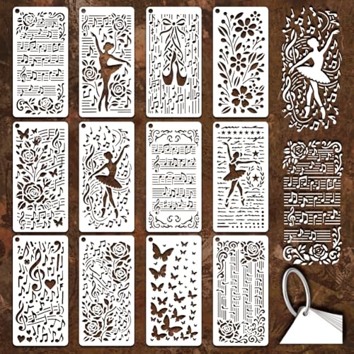 12 Sheets Musical Note Stencils for Painting, 12 Styles Musical Note Butterfly Flower Leaf Dancer Drawing Templates Plastic Art Templates for Painting on Wall Wood Home Decor - style: Melody Ballet
