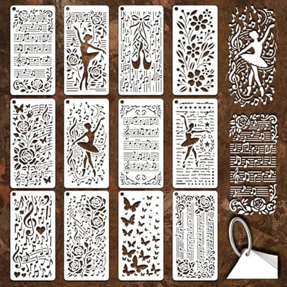 12 Sheets Musical Note Stencils for Painting, 12 Styles Musical Note Butterfly Flower Leaf Dancer Drawing Templates Plastic Art Templates for Painting on Wall Wood Home Decor - style: Melody Ballet