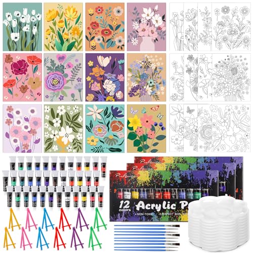 Sherr 108 Pcs 12 Set Flower Sip and Paint Kit for Adults 8''x10'' Pre Drawn Canvas to Paint DIY Acrylic Painting Kit Pre Printed Canvas for Date Night Mother's Day Party Team Building - style: Flower