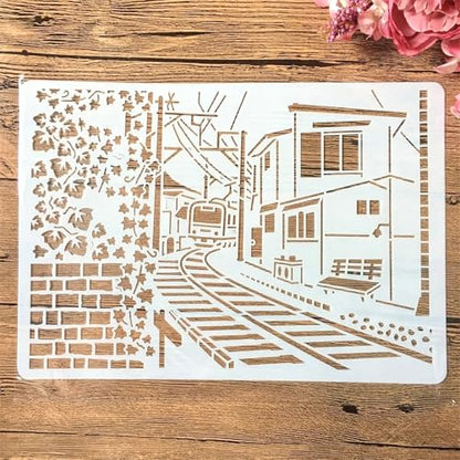TIAMECH A4 Reusable Railway Train Stencil for Painting | Town House Layering Template, DIY Wall Art, Wood Furniture, Scrapbook & Crafts (8.3x11.7inch) - style: Railway Train