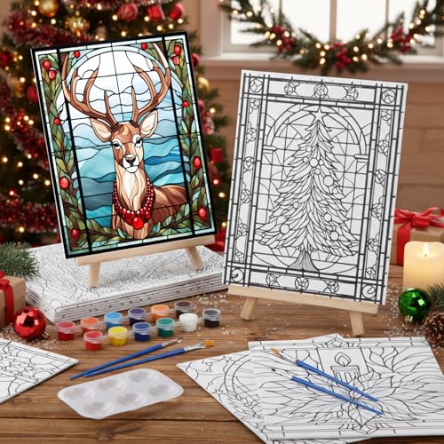 Zhanmai 72 Pcs 12 Sets Sip and Paint Kit Pre Drawn Canvas for Painting 8" x 10" Paint Party Canvas Painting Pre Printed Canvases for Party Favor DIY Virtual Adult's Date Night(Holiday Deer) - style: Holiday Deer