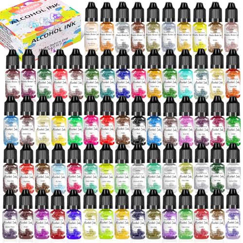Alcohol Ink Set – 70 Bottles Vibrant Colors High Concentrated Alcohol-Based Ink, Concentrated Epoxy Resin Paint Colour Dye, Great for Resin Petri Dish, Painting, Coaster,，10ml Each