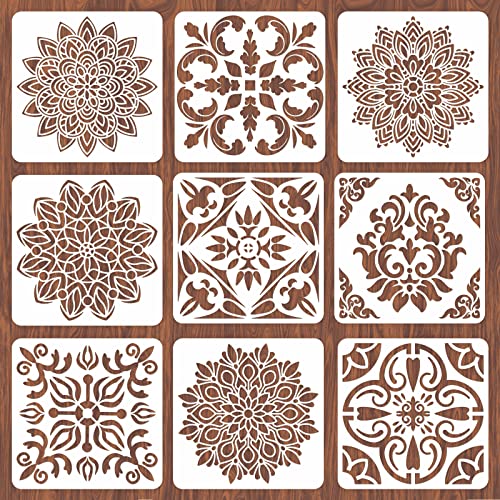 INFUNLY 9PCS/Set Mandala Flowers Wall Stencils for Painting 12x12 Mexican Tile Stencil Art Flower Concrete Floor Stencils Reusable Drawing Template for Painting Wood Canvas Furniture Patio Home Decor - color: Mandala Tile Stencil