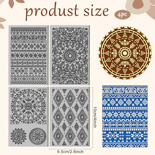 4 Sheets Bohemian Pattern Clay Texture Mat Mandala Polymer Clay Texture Sheets DIY Tools for Pottery Earring Jewelry Making Stamp Engraving Machines, 3.9x2.6inch - style: Bohemian Pattern