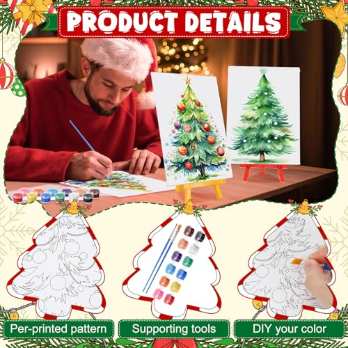 Blosssound 10 Set Pre Printed Canvas Pre Drawn Canvas Painting with Easel Kits 5" x 7" Outline Painting Panels for Beginners, DIY Craft Project, Party Favor, Home Decors (Christmas Tree) - style: Christmas Tree