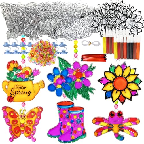 Ayhuhra 30 Sets Spring Flower Suncatcher Craft Kit Butterfly Sun Catcher DIY Window Paint Art Suncatcher Kits for Spring Summer Easter Party Activities Art Project Party Favors - style: Flower