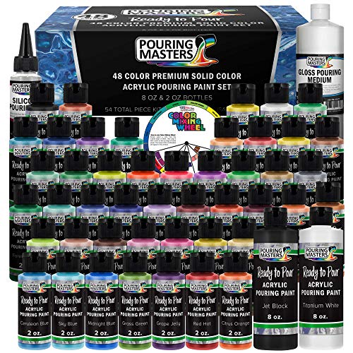 Pouring Masters 48-Color Ready-to-Pour Acrylic Pouring Paint Set: Premium Pre-Mixed, Silicone Oil & Gloss Medium, 2 oz & 8 oz Bottles, for Canvas, Wood & Crafts - size: 48 Count (Pack of 1)