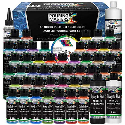 Pouring Masters 48-Color Ready-to-Pour Acrylic Pouring Paint Set: Premium Pre-Mixed, Silicone Oil & Gloss Medium, 2 oz & 8 oz Bottles, for Canvas, Wood & Crafts - size: 48 Count (Pack of 1)