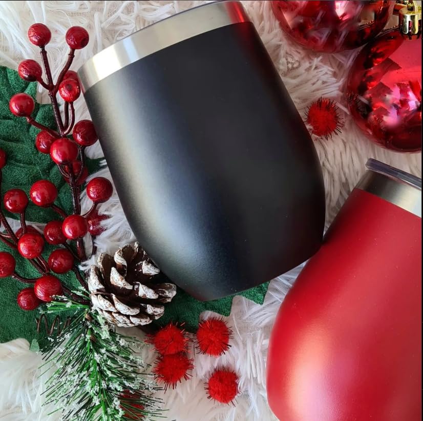 CHILLOUT LIFE 12 oz Stainless Steel Wine Tumbler with Lid - Double Wall Vacuum Insulated Wine Cup Glass Keeping Cold & Hot for Coffee, Champagne, Cocktails, Ice Cream - Powder Coated Black - color: Black, style: 1 Pack
