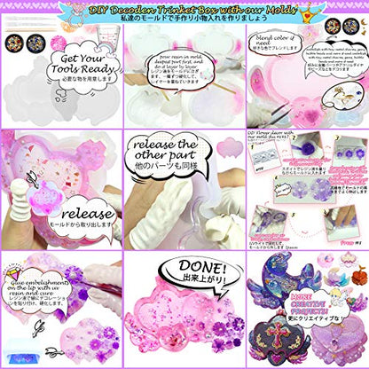 FUNSHOWCASE Trinket Box Resin Silicone Mold Set Jewelry Making 74 Kits Glitter Confetti Mermaid Pearl Iridescent Flims Pipettes Droppers Wood Sticks