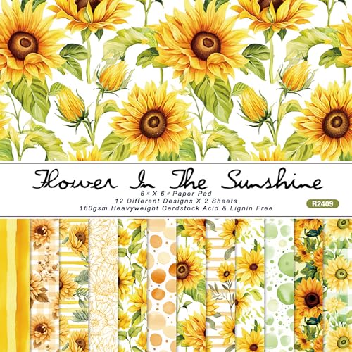 YASMEN Sunflower Pattern Scrapbook Paper 6X6, Decorative Craft Paper Pack, Single-Sided Patterned Cardstock Pads, Card Making Supplies, Decopodge Papers, Scrapbooking junk journal Supplies-24 Sheets - color: Sunflower, size: 6"×6"
