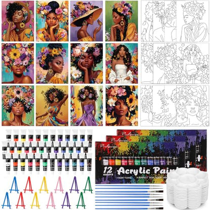 Sherr 108 Pcs 12 Set Pre Drawn Canvas Painting Kit 8'' x 10'' Sip and Paint Kit for Adults Pre Printed Canvas DIY Supplies for Birthday Adults Date Night Team Building (Floral Girl) - style: Floral Girl