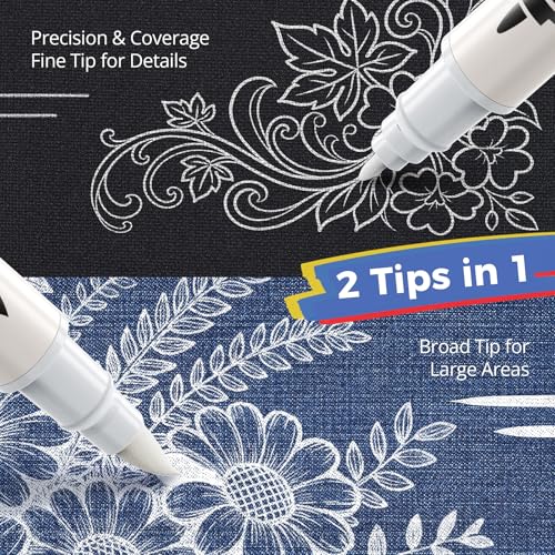 White Fabric Marker Pen Permanent for Clothes, Dual Tip Opaque Laundry Marker for Stain & Bleach Mark Covering on Dark Fabrics, No-Bleed Fabric Pen for Clothing, Washable Fade-Resistant, 2 Pack