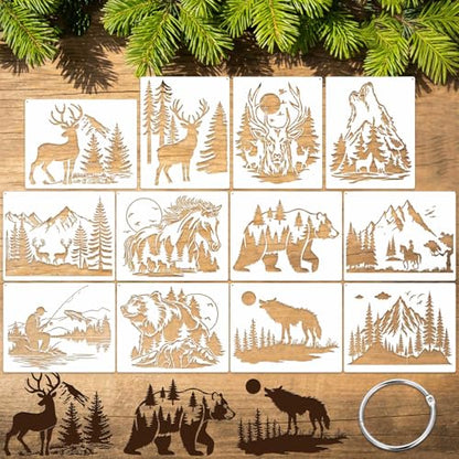 12 Pcs Large Wildlife Wood Burning Stencils, Mountain Bear Deer Wolf Horse Fish Templates, Reusable Drawing Animal Stencil for Painting on Wood DIY Crafts Canvas Wall Fabric(Animal) - style: Animal