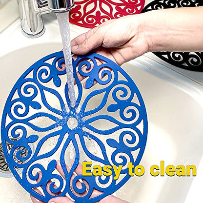 3 Set Silicone Trivet Mats with 1 Extra Large Included | Intricately Carved Insulated Flexible Durable Non Slip Thick Round Premium Trivets for Hot pots and Pans | Gray - color: Gray