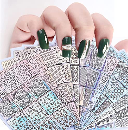 Nail Stencils for Nail Art Reusable,Nail Vinyl Stencils Sticker 144 Pieces 72 Designs,Hollow DIY Manicure Decoration Decals French Tip Nail Guides Supplies（24 Sheets Silver）