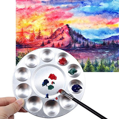 COMIART 10-Well Round Metal Paint Palette Tray Set, 2 Pack - Aluminum Artist Palette for Watercolor, Acrylic & Oil Painting - Professional & Student Art Supplies