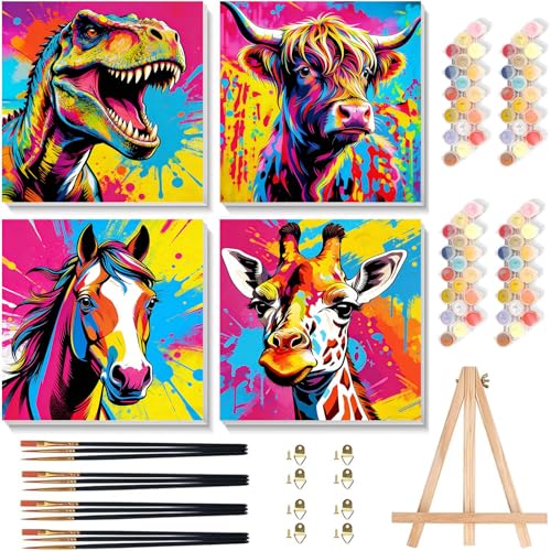 4 Pack Paint by Numbers Kit for Kids with Frame, Animals Kids Paint by Numbers Ages 4-8-12 with Wooden Easel,Easy Dinosaur Cow Horse Giraffe Oil Painting by number for Gift Home Wall Decor(8x8 inch) - color: BKH2313+BKH2314+BKH2315+BKH2316-US