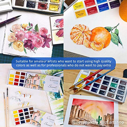 Sonnet Student Grade Watercolor Paint Set 24 Full Pans 2.5ml Vibrant Colors for Artists and Beginners in Cardboard Box by Nevskaya Palitra
