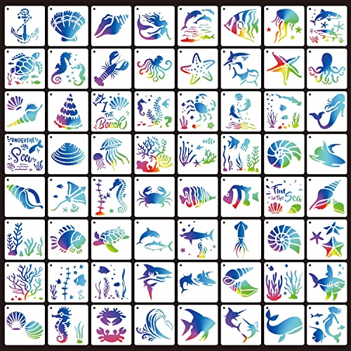 64 Pieces Stencils for Painting, Small Reusable Sea Life Mermaid Stencil, Art Craft Template for Painting on Wood, Wall, Fabric, Rock, Chalkboard, Sign, DIY Art Scrapbook Projects(Ocean) - style: Ocean