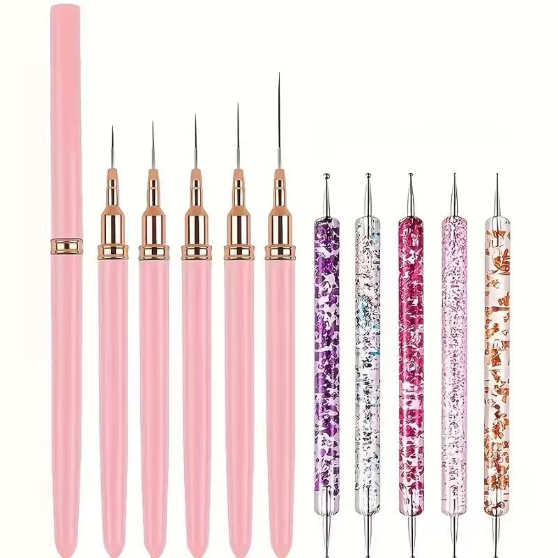 10Pcs Pink Nail Liner Brush & Dual-Ended Dotting Pen Set - Professional Ultra-Fine Liner Brush for French Tip, Intricate Patterns, Dot Art & Gel Polish Manicure, Salon & DIY Manicure Tool Kit - color: Liner Brush & Dotting Pen