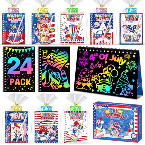 Party Favors for Kids: 24 Pack 4th of July Rainbow Scratch Art Notebook Classroom Supplies Bulk for Girls Boys Goodie Bags Stuffers, Independence Day Party Gift Kid Crafts - style: 24 Pack Independence Day