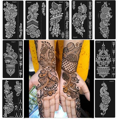 Henna Stencils 9 Sheet Henna Tattoo Kit, Reusable Henna Stickers for Hand Forearm Indian Arabian Self Adhesive Tattoo Templates