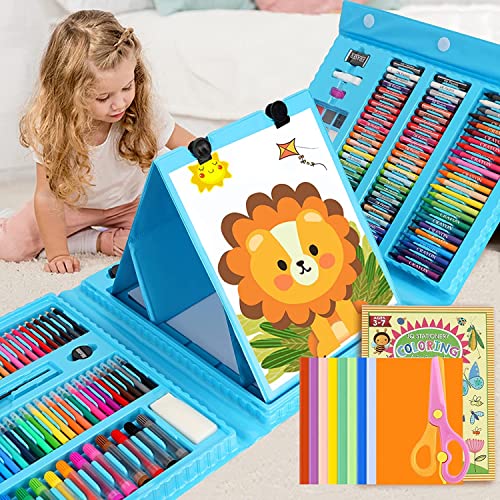 208 PCS Art Supplies,Drawing Art Kit for Kids Girls Boys Teens Artist, Art Set Case with Trifold Easel, Includes Oil Pastels, Crayons, Colored Pencils, Coloring Book, Scissors, Origami Paper 40 Sheets - color: Blue