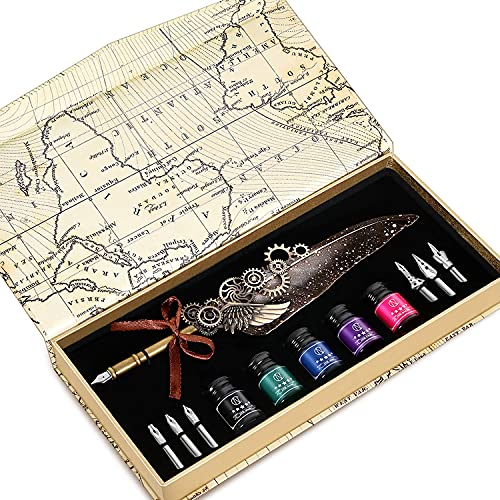NC Feather Quill Pen Set - Includes 5 Ink Bottles, 6 Nibs, Mechanical Quill Pen for Calligraphy, Writing Letters, Signing, Invitations Etc (Grey) - color: Grey