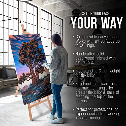 U.S. Art Supply 64" to 89" Sunset Medium A-Frame Wood Easel, Lyre Style Studio Easel - Wooden Artists Floor Stand, Sturdy, Adjustable Height to 48" Canvas - Painting, Drawing, Sign Display