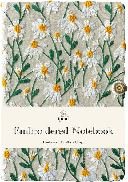 Daisy Gifts, Hardcover Notebook, Lay-flat, A5, 8"x6", Embroidered Journal, Floral Notebook, Plain Notebook, Pretty Journal for Women, Personal Journal, Cute Sketchbook, White Daisy - color: A5-Button-White, style: Plain