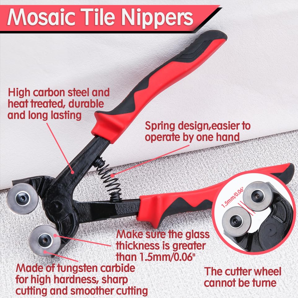 2Pcs Heavy Duty Wheeled Glass Mosaic Nipper and Ceramic Tile Nipper with Comfortable TPR Handle, Glass Tile Nippers Set for Quickly Cutting Ceramic Stained Glass Mosaic Tile
