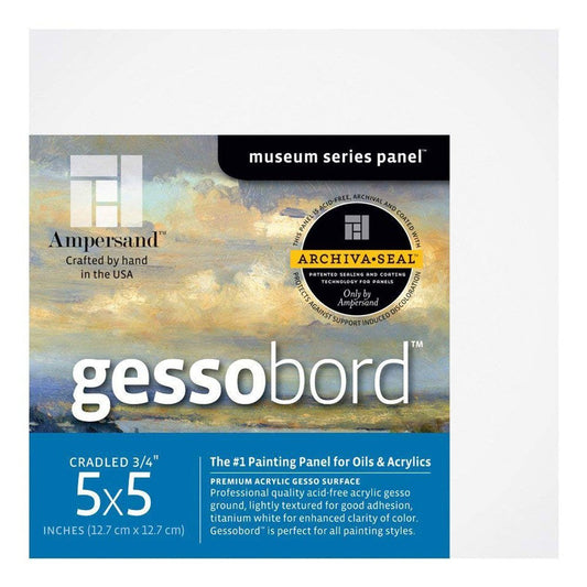 Ampersand Art Supply Gesso Wood Painting Panel: Museum Series Gessobord, 5" x 5", 3/4" Cradled Profile - size: 5" x 5", style: 3/4 Inch Depth