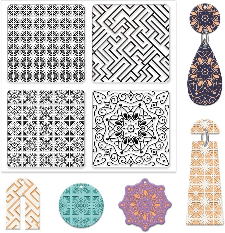 Mandala Flowers Polymer Clay Texture Sheets Geometry Clay Modeling Pattern Pad Clay Texture Mat Embossing Folders Clay for DIY Jewelry Making Craftwork and Printing Patterns,5.5x5.5Inch