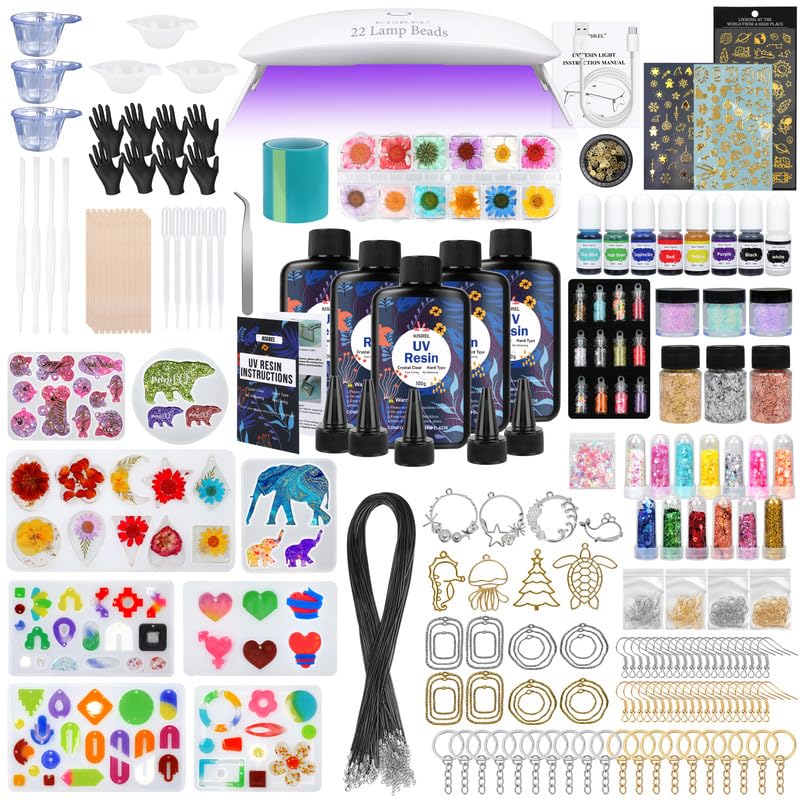 KISREL UV Resin Jewelry Making Kit - 500g Crystal Clear UV Resin, Large Light with 22 Beads and Jewelry Molds, Fast Curing for Keychains, Earring Making, DIY Craft Decorations - size: 500g