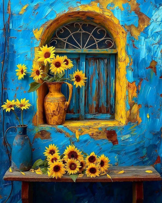Paint by Numbers Kit for Adults, Sunflowers and Blue Window DIY Painting on Canvas, Rustic Farmhouse Cottage Paint by Number Kit with Acrylic Paint, Country Floral Wall Art Home Decor Gift 16x20 Inch - color: TRTDNF1P408